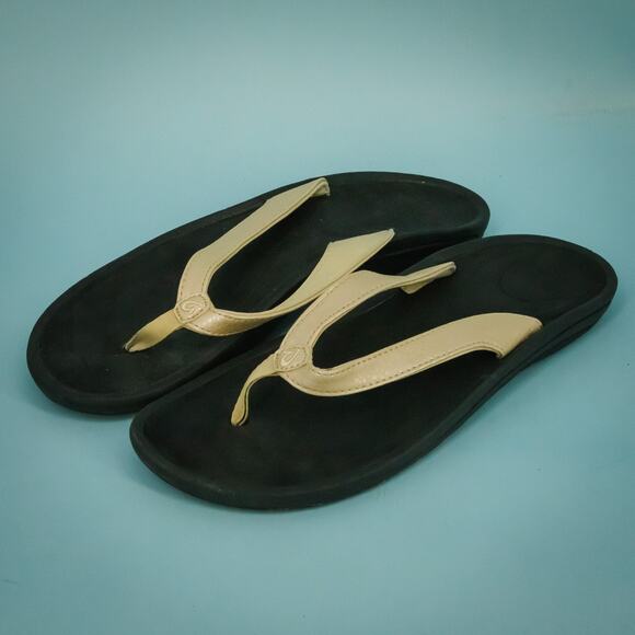 Olukai Size 10 Kalupa Kai Tan Slip Slide On Rubber Sole Flip Flops Sandals - Picture 1 of 6